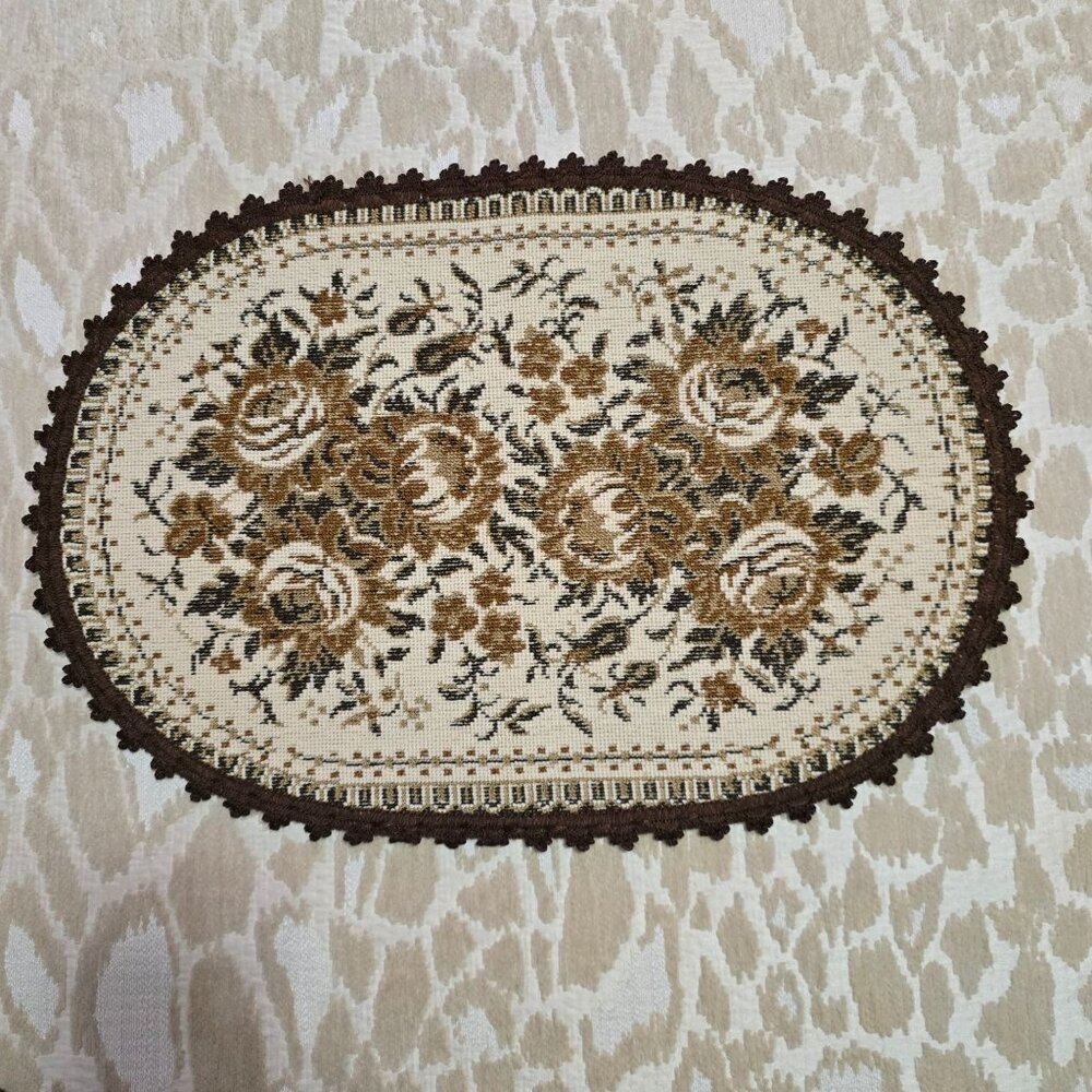 Set Of 2 Oval Vintage Tapestry Table Runner Gobelin Flower Pattern Off White - Picture 3 of 10